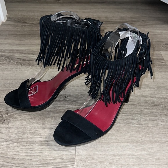 Max Studio Leather Forest Black Fringed Party Sandal Boho Platform Western Heel - Picture 3 of 10